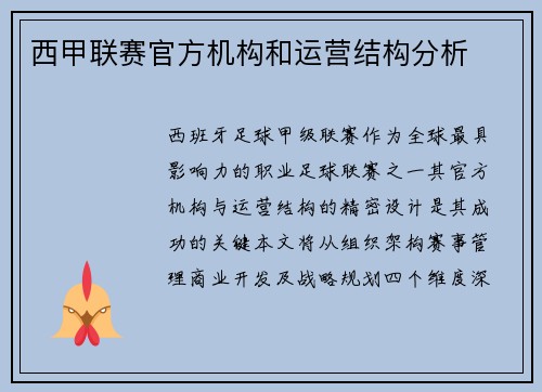 西甲联赛官方机构和运营结构分析